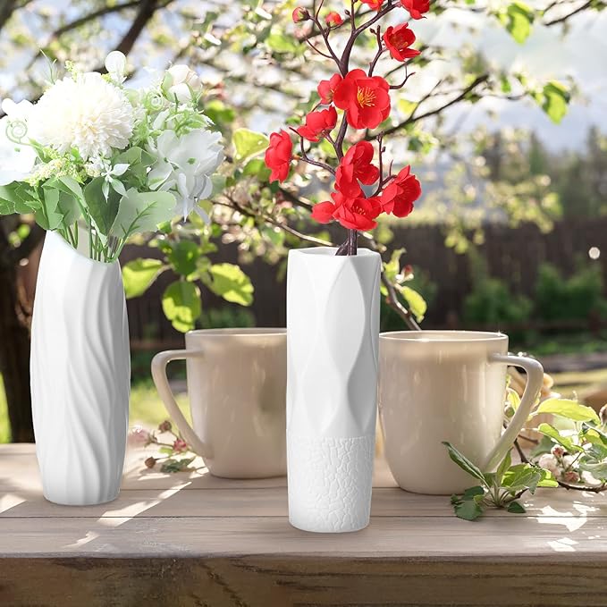 24 Pcs Composite Plastic Flower Vase Ceramic Look Decorative White Unbreakable Plastic Vases for Flower Centerpieces for Living Room Table Home Decor(Stylish Style)