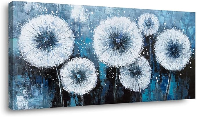 Modern Dandelion Wall Art for Living Room Office Navy Blue White Floral Canvas Painting Prints Large Flower Artwork Kitchen Bedroom Decor (23x46 Inches)