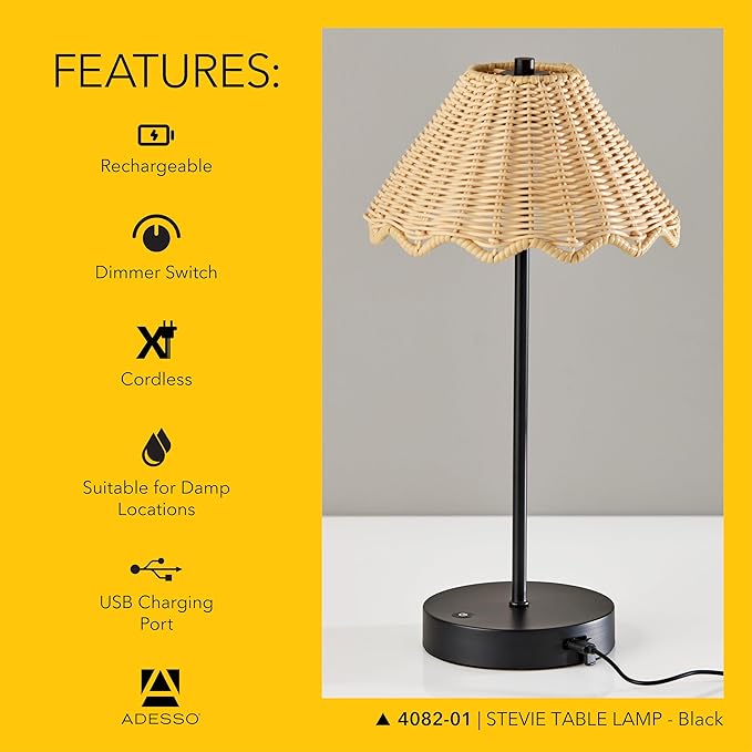 Adesso Cordless Table Lamp with 3-Level Touch Dimmer & Built-in Rechargeable Battery – 15" Tall Touch Lamp, Black Finish