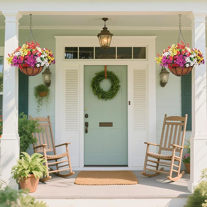 2 Pack Outdoor Artificial Flowers with Hanging Basket, Fake Hanging Flowers for Spring Summer Front Porch Patio Yard Garden Home Decor (Creamy White, Red, Purple, Yellow)