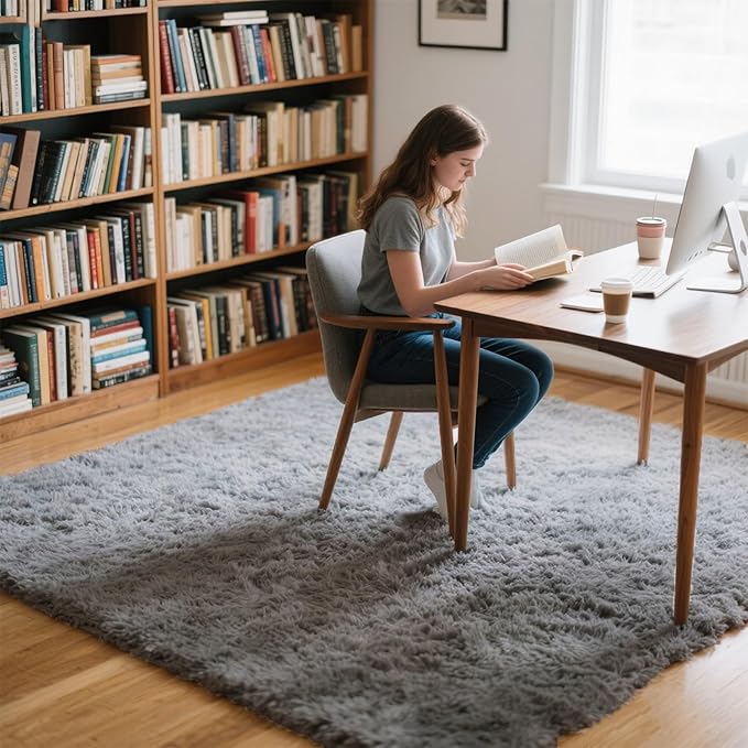 Light Grey Fluffy 8x10 Area Rug for Living Room, Plush Shag Rugs for Bedroom, Large Soft Furry Carpets for Kids Room, Modern Indoor Nursery Carpet for Classroom Dorm Cozy Comfy Home Decor