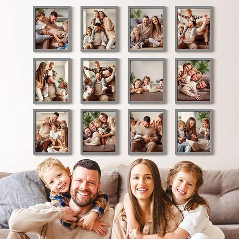 Renditions Gallery Set of 12, 11X14 Custom Photo Prints with Real Wood Picture Frames. Create Personalized Photos with Peel & Stick Photo Frames. Gray Frame