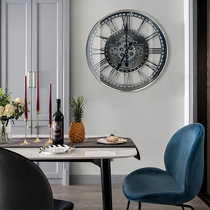 DORBOKER Real Moving Gears Wall Clock Large Modern Metal Clocks for Living Room Decor, Industrial Steampunk Unique Vintage Rustic Decorative Clock for Home Farmhouse Office, 21 Inch,Gunmetal Roman