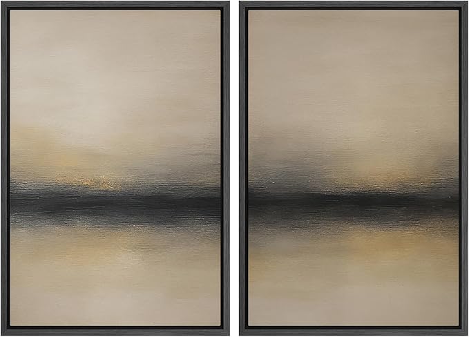 MUDECOR Framed Canvas Print Wall Art Abstract Sunset Horizon Modern Minimalist Beige and Black Illustrations Modern Art Decorative Bohemian Colorful for Living Room, Bedroom, Office - 24"x36"x2 Black