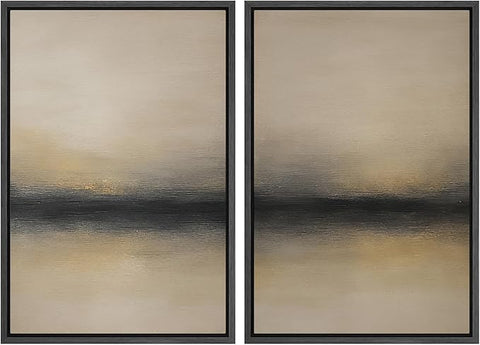 MUDECOR Framed Canvas Print Wall Art Abstract Sunset Horizon Modern Minimalist Beige and Black Illustrations Modern Art Decorative Bohemian Colorful for Living Room, Bedroom, Office - 16"x24"x2 Black