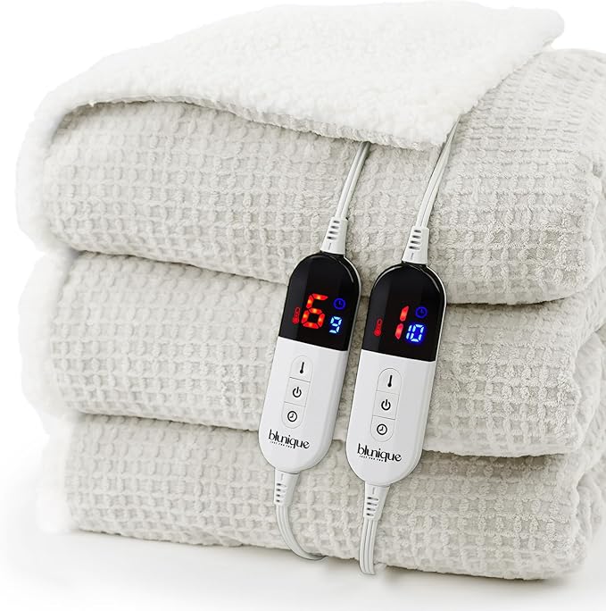 Electric Blanket King Waffle, 90x100 Inches, Dual Controllers, Sherpa Fleece, 6 Heating Levels, 10 Hours Auto Off, ETL Certified, Beige King