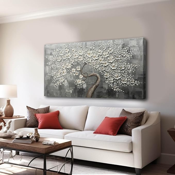 SDYA White Flower Wall Decor Living Room Decor Bedroom Decor Aesthetic Hand-Painted Flower Artwork for Bathroom Office Wall Decoration 24" x 48"