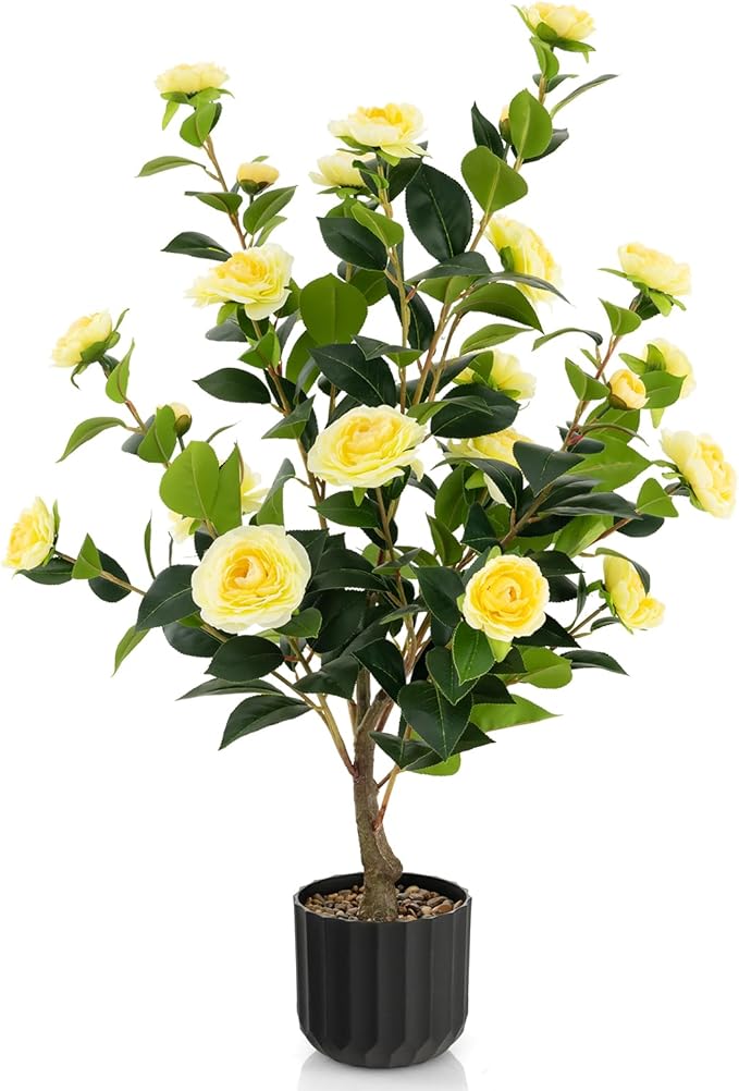 Goplus 38’’ Artificial Camellia Tree, Flower Plants Artificial Tree, Faux Floral Plant Blooming Tree in Cement Pot, Greenery Potted Plant for Indoor Outdoor Office Home Porch Decor