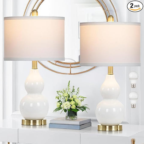 Double Gourd Ceramic Table Lamps Set of 2, Modern White Bedside Lamps for Night Stand, Contemporary Nightstand Lamps for Bedroom Living Room (Bulb Included)