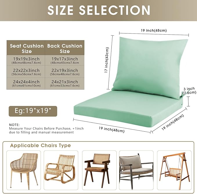 Outdoor Seat Cushion Set 22 x 22 In, Water-Resistant & Fade-Resistan, Patio Furniture Cushions with Removable Cover Deep Seat & Back Cushion with Handle and Adjustable Straps for Chair Sofa,2PC