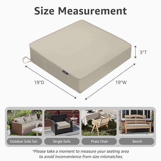 Outdoor Chair Cushions 19 x 19 x 3 Inch, Waterproof & Fade Resistant Patio Seat Cushion for Furniture with Handle and Ties, Thick Seating Pads for Outside Sofa Couch Set of 2, Cream