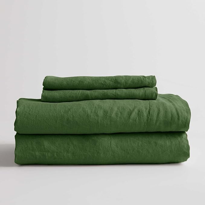 Talasily Linen Sheets-Queen Size Sheets Set,Blend from Linen Cotton Bedsheets,All Seasons Soft Breathable 4 Piece Set-Mossy Green