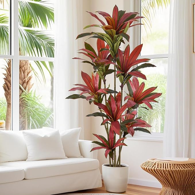 Artificial Dracaena Tree 7ft(84in) Tall Large Faux Silk Plants with Realistic Trunks and Red Leaves, Fake Floor Potted Artificial Plants for Home Office Indoor Decor (7feet,1Pack)