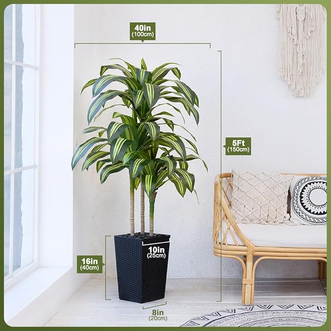 Artificial Dracaena Tree 5FT - UV Resistant Faux Tree with Large Taper Planter & Pebbles - Tall Fake Plants Indoor & Outdoor, Potted Floor Plant for Home Living Room Porch Decor, VN127