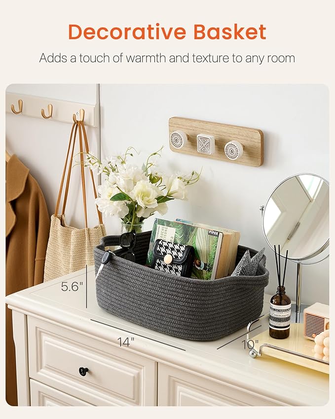KALLAX Small Woven Basket, 14 x 10 x 5.6 Inches, Small Storage Baskets for Organizing, Gift Baskets Empty, Cute Rope Shelf Closet Storage Bins for Shelves, Dog Toy Basket, Dark Grey