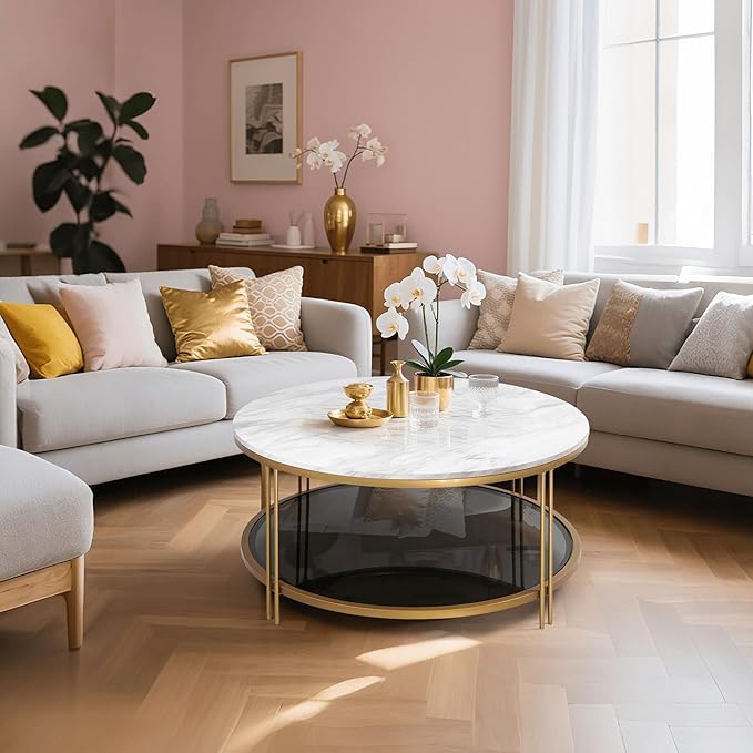 Modern Round Coffee Table with Faux Marble Top, Smoky Tempered Glass Shelf, Gold Metal Frame, 36" Living Room Center Table with Storage