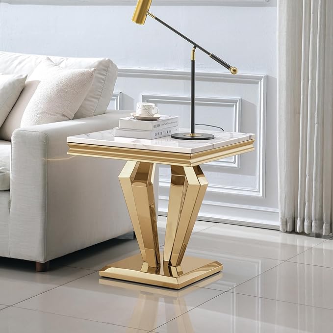 SSLine Modern White Faux Marble End Table Luxury Square Sofa Side Table with Gold Diamond Base Mid-Century Elegant Bedside Table w/Mirrored Stainless Steel Frame for Living Room Bedroom