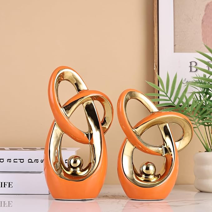 Orange Modern Abstract Art Home Decor Accent,Statues Coffee Table Decor for Living Room,Table Centerpieces for Dining Room,Ceramic Sculptures and Gold Knick Knacks for TV Stand Decor (Orange Gold)