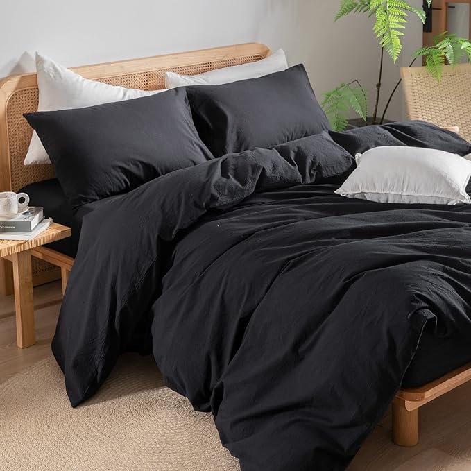 BESTOUCH Duvet Cover Set 100% Washed Cotton Linen Feel Super Soft Comfortable Chic Lightweight 2 PCs Home Bedding Set Solid Deep Black Twin/Twin XL