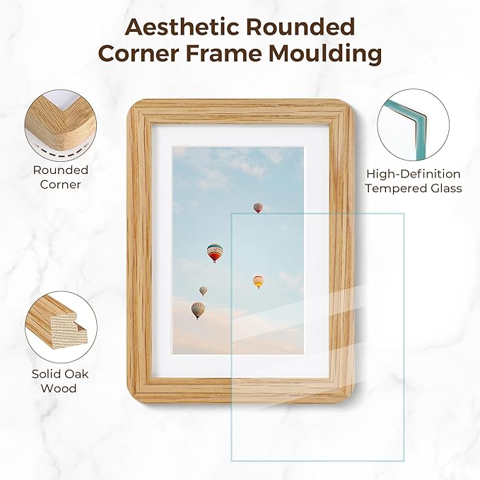 11x14 Picture Frame, Solid Oak Wood Frame 11 x 14 for Wall, Rustic Wooden Frames 11 by 14 with Tempered Glass, 11x14 Frame with Mat for 8x10, Home Decor Photo Frames 11"x14", Natural Oak Color, 1 Pack