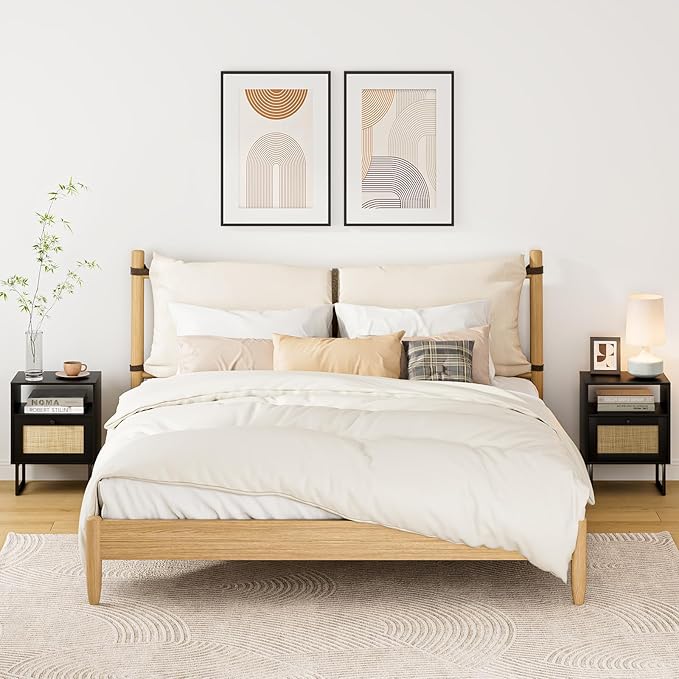 Rattan Nightstand, Boho Night Stand Farmhouse Wood Bedside Table with Storage and Open Shelf, End Side Accent Table for Bedroom,Living Room,Black