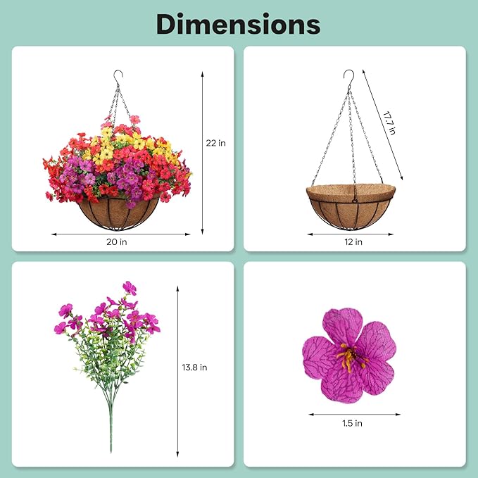 2 Pack Outdoor Artificial Flowers with Hanging Basket, Outdoor Fake Hanging Flowers for Spring Summer Front Porch Patio Yard Garden Home Decor (Red, Purple, Yellow, Hot Pink)