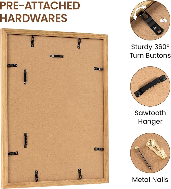 12x16 Picture Frame, Natural Solid Wooden Picture Frames with Tempered Glass, Display 8.5x11 with Mat or 12x16 Without, Vertical or Horizontal Wall Hanging Photo Frame, Natural Oak Color, 3 Pack