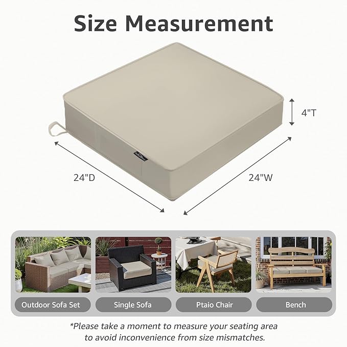 Outdoor Chair Cushions 24 x 24 x 4 Inch, Waterproof & Fade Resistant Patio Seat Cushion for Furniture with Handle and Ties, Thick Seating Pads for Outside Sofa Couch Set of 2, Cream