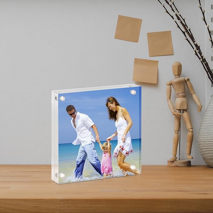 AMEITECH 4x4 Acrylic Picture Frame, Clear Double Sided Block Acrylic Photo Frames, Desktop Frameless Magnetic Photo Frames - 5 Pack
