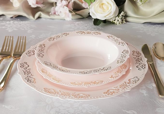 " OCCASIONS " 50 Plates Pack (25 Guests) Vintage Wedding Party Disposable Plastic Plate Set -25x10.25'' Dinner +25x7.5'' Salad/Dessert plates (Portofino Light Pink & Gold Accents)