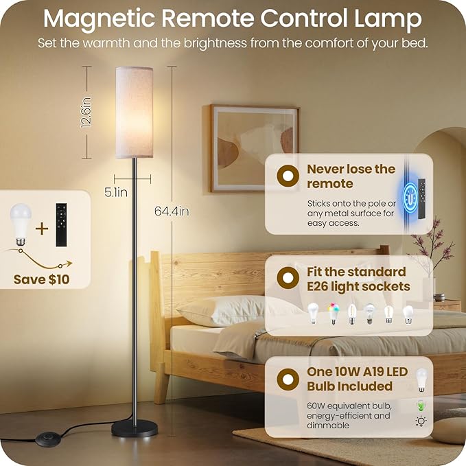 Dimmable Floor Lamp for Living Room with Remote and Foot Switch, Corner Floor Lamp, 66" Standing Tall Lamp, 10W 900LM LED Bulb Included, 3000K-6500K, Linen Shade, Weighted, FCC Listed W06LD05W1