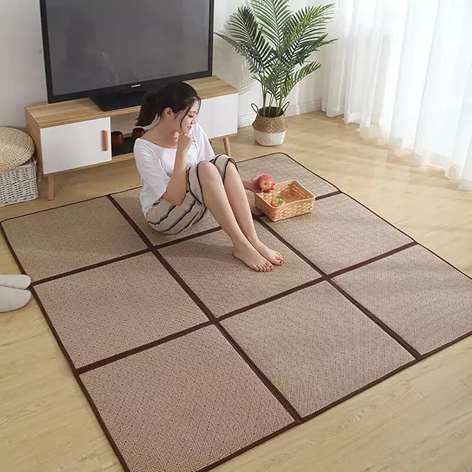 MYOYAY Large Japanese Tatami Mat 71x 71in Large Summer Breathable Sleeping Mat Foldable Rattan Floor Mat Non-Slip Memory Foam Stitching Carpet Crawling Mats Living Room Bedroom Playroom Yoga