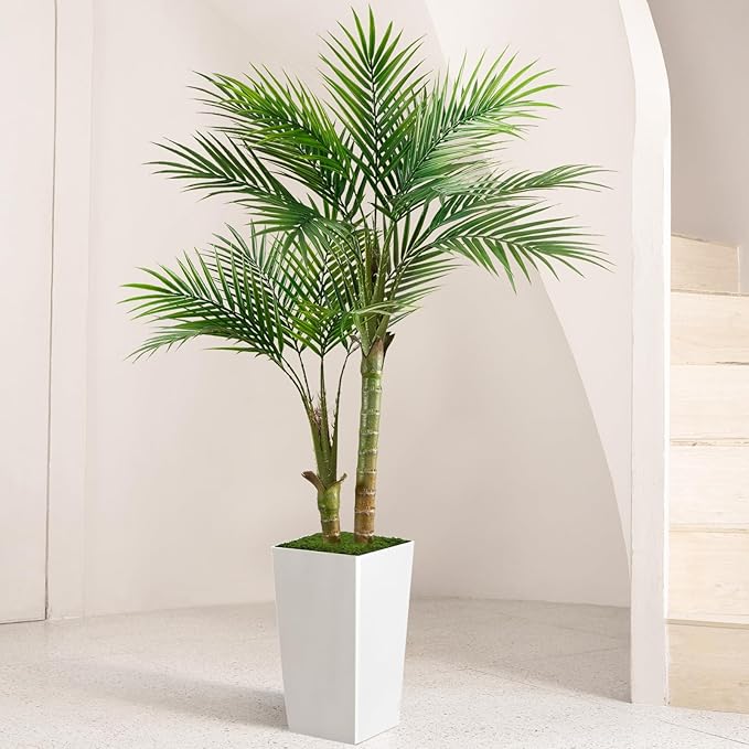 Fake Palm Tree 5FT - Artificial Plants with White Tall Planter, Faux Tropical Golden Cane Palm Tree with Two Trunks and 18 Realistic Palm Leaves, Indoor Floor Plants for Living Room Office Decor