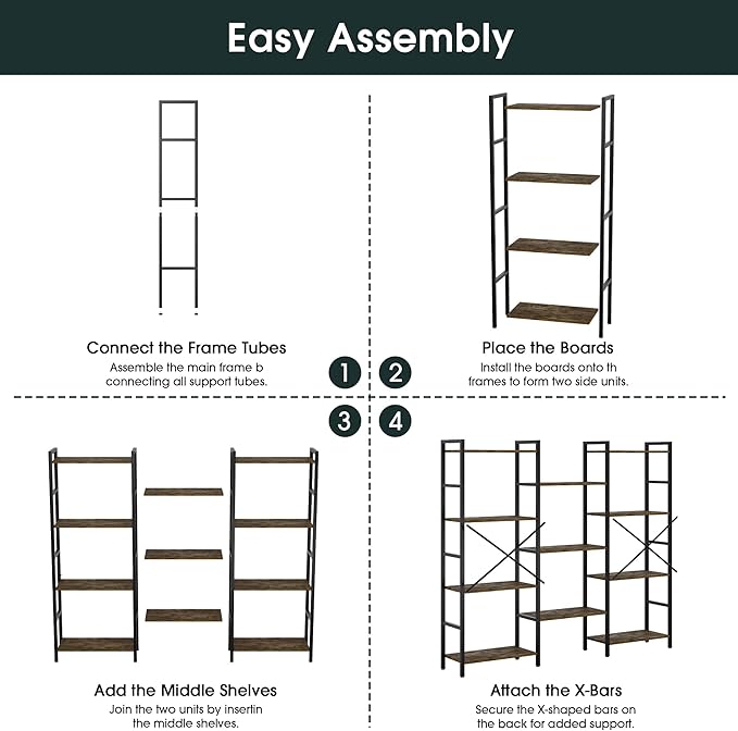 Triple 4 Tier Book Shelf, Modern Bookcase Shelf, Freestanding Large Display Shelves for Living Room/Office/Garage, Stable Large Bookshelf with Storage for Books/Lego/Plants, Rustic Brown