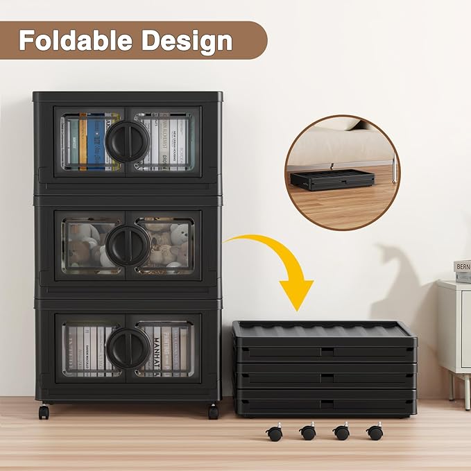 30 Gal Lockable Storage Bins with Lids, Stackable Collapsible Storage Bin with Wheels, Closet Organizers and Storage Drawer, Plastic Cabinet for Toy Clothes Organizer, V9 1 Pack Black