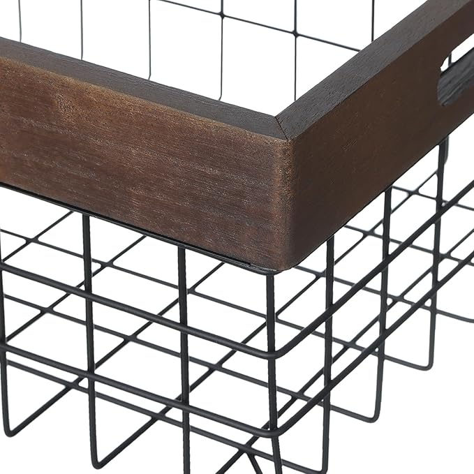 Set of 3 Metal Wire Baskets for Organizing Wood Top with Handles Storage Organizer Farmhouse Decor for Kitchen Cabinets Pantry Laundry Room Bathroom Closets Nesting Countertop Baskets