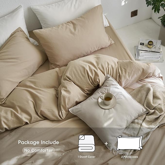 MooMee Queen Duvet Cover Set, 100% Washed Cotton Linen Like Twill Thick Sturdy Material Super Soft Breathable Durable Bedding for All Season, 3 Pieces (Camel, Queen 90"x90")