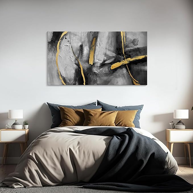 Abstract Large Canvas Wall Art for Living Room,Golden Line Rhythm Canvas Prints Hand-Painted Bedroom Wall Decor Black Gray Artwork for Home Cafe Kitchen Restaurant Decor 20x40 In