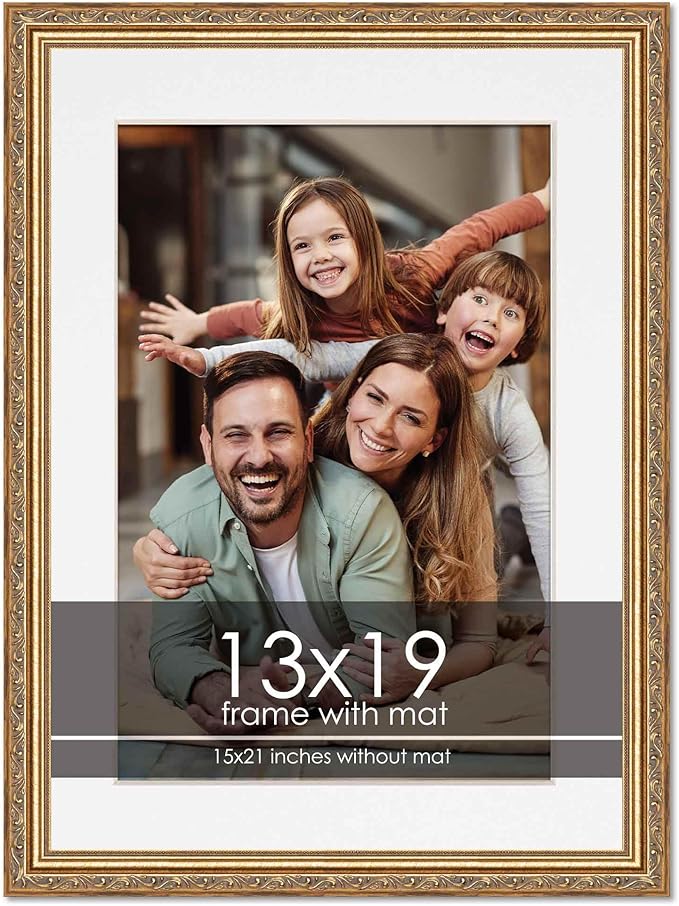 13x19 Frame with Mat - Antique Gold 15x21 Frame Wood Made to Display Print or Poster Measuring 13 x 19 Inches with White Photo Mat