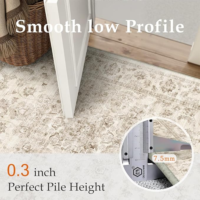 10x14 Neutral Area Rug Beige Floral Living Room Bedroom Large Carpet Non-Slip Low Pile Vintage Soft Thin Washable Throw Rug for Dining Room Office Kitchen Indoor Nursery