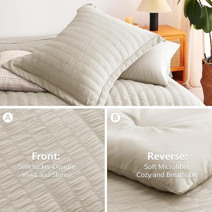 CozyLux Queen Comforter Set Oatmeal Seersucker 7 Pieces Bed in a Bag Queen Comforter Set with Sheets Luxury Soft Bedding Set with Down Alternative Comforter, Sheets, Pillowcases & Shams for All Season