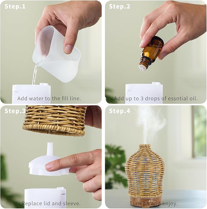 Essential Oil Diffuser - Multifunction Aromatherapy Diffuser 7 LED Color Changing Light 150ML Rattan Diffuser Easy to Clean Suitable for Home,Office（Brown）