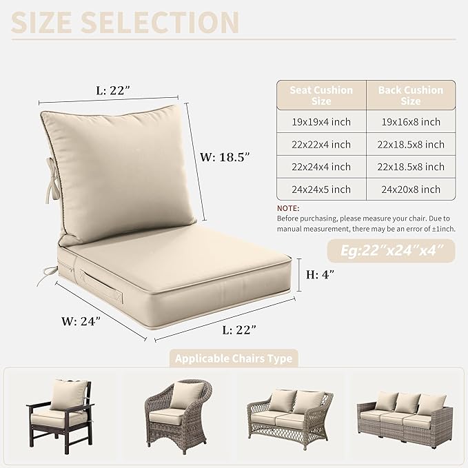 Premium Outdoor Seat Cushion Chair Cushions for Patio Furniture 22 L X 24 W X 4 H Waterproof & Fade Resistant Deep Seat and Backrest Cushion Set with Removable Covers for Chair, Sofa