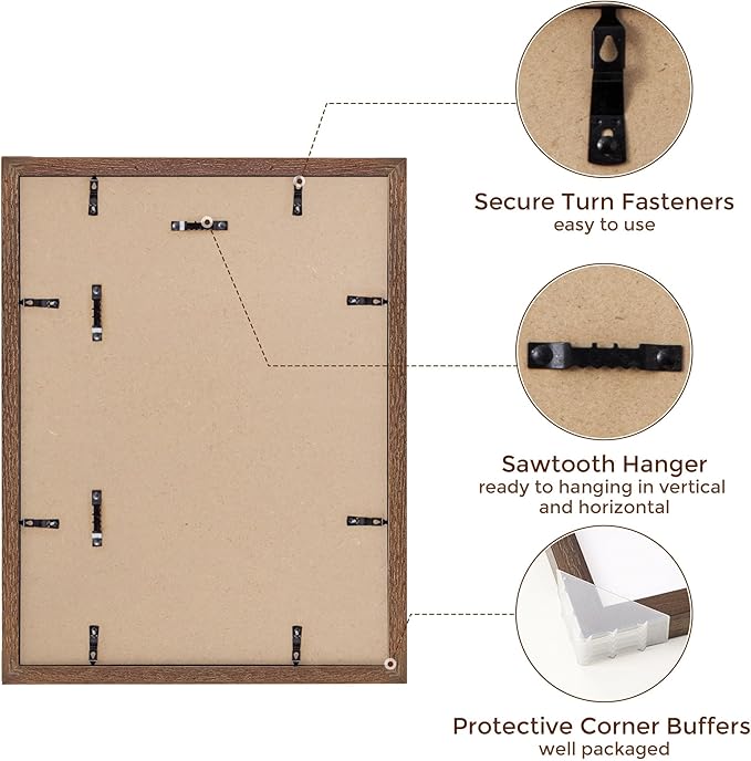 12x16 Picture Frames, Solid Oak Wood 12"x16" Picture Frame - Tempered Real Glass, 12x16 Frame Matted to 8.5x11, 12 x 16 Photo Frames for Wall, Rustic Wall Gallery Frame (Walnut Color, 3 Pack)