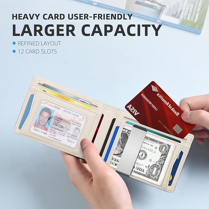 Zitahli Slim Wallet for Men Gifts 12 Card Slots ID Window With Money Clip Minimalist RFID Front Pocket Bifold Leather Small Thin Gift Box Dad Birthday Christmas Regalos Hombres