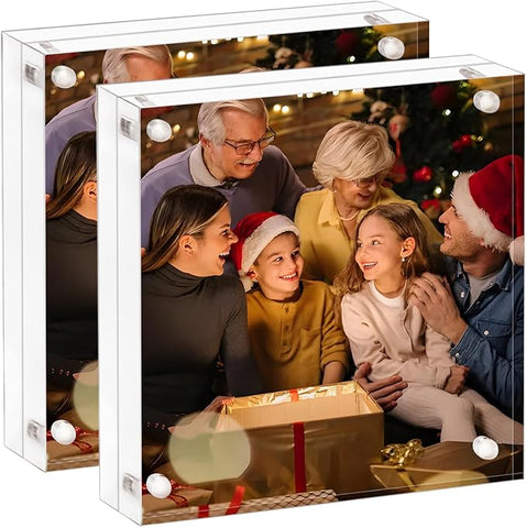 AMEITECH Acrylic Picture Frame 8x8-2 Pack, Clear Double Sided Frameless Photo Frame with Magnetic, Free Standing Desktop Acrylic Frame Display, Lucite Frame with Gift Box Package, 12+12mm Thickness