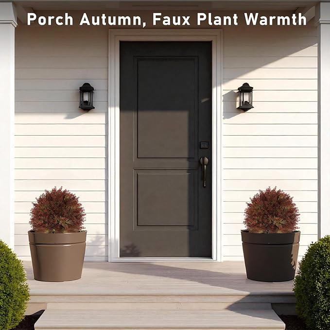 24" Fall Cedar Topiary Trees Artificial Outdoor, Set of 2 Faux Bushes and Shrubs with Ground Spike, UV Resistant Realistic Large Fake Ball Plants for Front Porch Outside Planters Backyard Decor