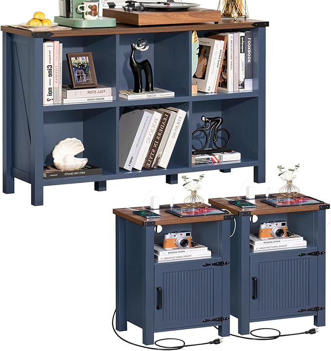 Night Stand Set of 2, 18 Inch Farmhouse Nightstand with with Charging Station and USB Port, Rustic Couch End Table with Magnetic Door, Wood Bed Side Tables for Bedroom, Home, Navy Blue
