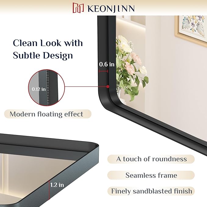 Keonjinn Black Bathroom Mirror for Vanity 24 x 36 Inch Metal Framed Wall Mirror Matte Black Rounded Rectangle Farmhouse Mirror, HD Tempered Glass, Wall-Mounted Decorative Mirror(Horizontal/Vertical)