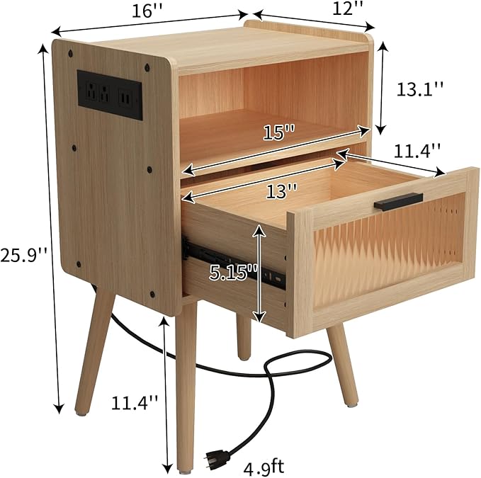 Mid Century Modern Nightstand with Charging Station, Bedside Tables with Glass Drawer, End Table Side Table with 2 Tiers Storage Space, for Bedroom, Living Room, Natural